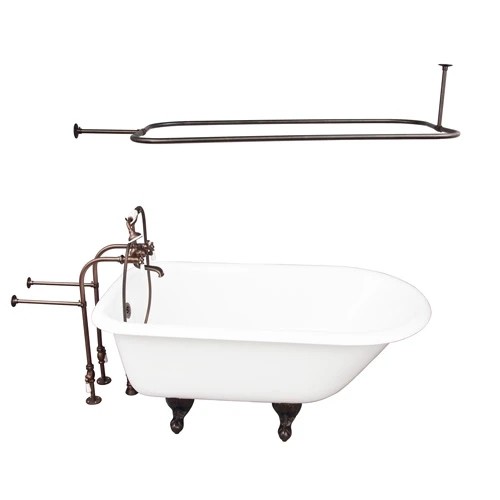 BARCLAY TKCTRN60-ORB3 BARTLETT 60 3/4 INCH CAST IRON FREESTANDING CLAWFOOT SOAKER BATHTUB IN WHITE WITH PORCELAIN LEVER TUB FILLER AND RECTANGULAR SHOWER ROD IN OIL RUBBED BRONZE
