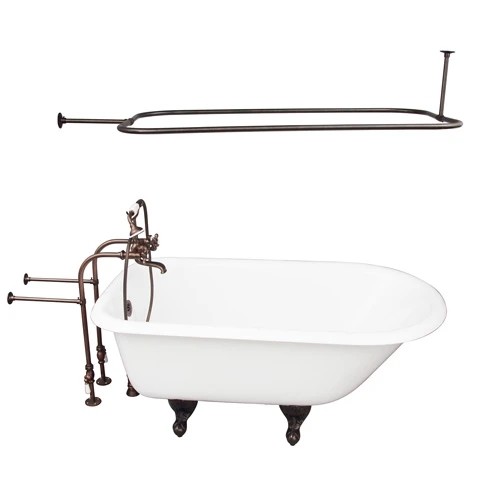 BARCLAY TKCTRN60-ORB4 BARTLETT 60 3/4 INCH CAST IRON FREESTANDING CLAWFOOT SOAKER BATHTUB IN WHITE WITH METAL CROSS TUB FILLER AND RECTANGULAR SHOWER ROD IN OIL RUBBED BRONZE