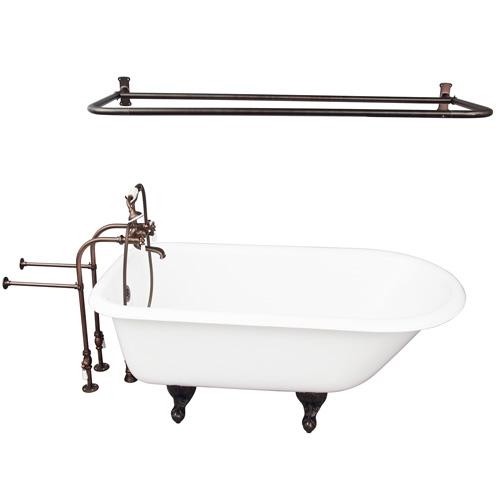 BARCLAY TKCTRN60-ORB5 BARTLETT 60 3/4 INCH CAST IRON FREESTANDING CLAWFOOT SOAKER BATHTUB IN WHITE WITH PORCELAIN LEVER TUB FILLER AND D-SHOWER ROD IN OIL RUBBED BRONZE