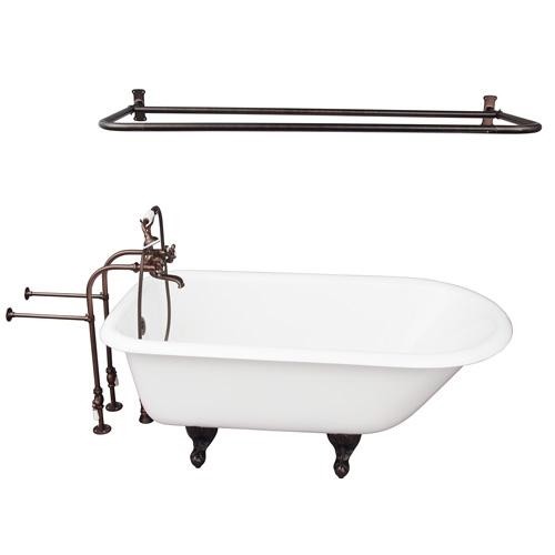 BARCLAY TKCTRN60-ORB6 BARTLETT 60 3/4 INCH CAST IRON FREESTANDING CLAWFOOT SOAKER BATHTUB IN WHITE WITH METAL CROSS TUB FILLER AND D-SHOWER ROD IN OIL RUBBED BRONZE