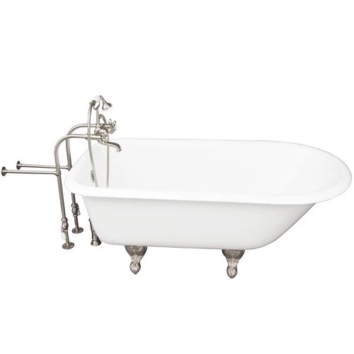 BARCLAY TKCTRN60-SN2 BARTLETT 60 3/4 INCH CAST IRON FREESTANDING CLAWFOOT SOAKER BATHTUB IN WHITE WITH METAL CROSS TUB FILLER AND HAND SHOWER IN BRUSHED NICKEL
