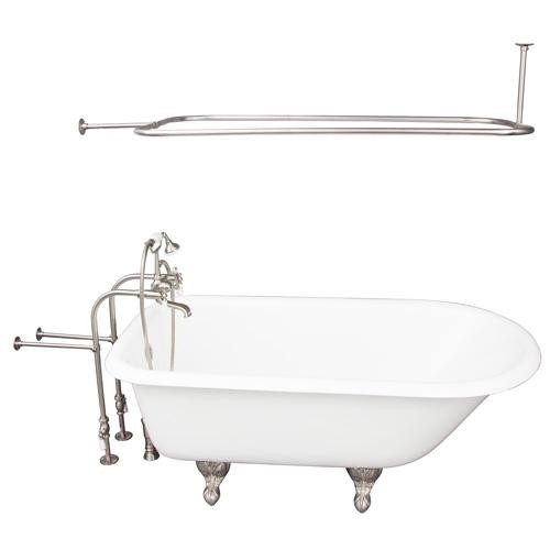 BARCLAY TKCTRN60-SN3 BARTLETT 60 3/4 INCH CAST IRON FREESTANDING CLAWFOOT SOAKER BATHTUB IN WHITE WITH PORCELAIN LEVER TUB FILLER AND RECTANGULAR SHOWER ROD IN BRUSHED NICKEL
