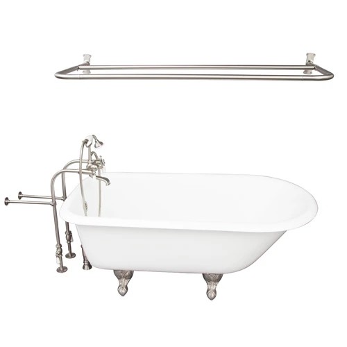 BARCLAY TKCTRN60-SN5 BARTLETT 60 3/4 INCH CAST IRON FREESTANDING CLAWFOOT SOAKER BATHTUB IN WHITE WITH PORCELAIN LEVER TUB FILLER AND D-SHOWER ROD IN BRUSHED NICKEL