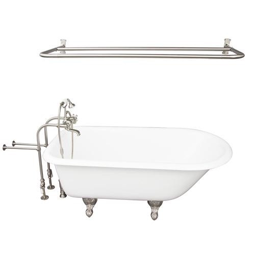 BARCLAY TKCTRN60-SN6 BARTLETT 60 3/4 INCH CAST IRON FREESTANDING CLAWFOOT SOAKER BATHTUB IN WHITE WITH METAL CROSS TUB FILLER AND D-SHOWER ROD IN BRUSHED NICKEL