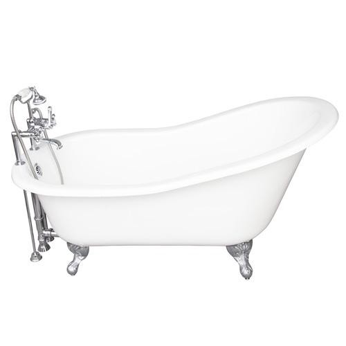 BARCLAY TKCTSH60-CP2 GRIFFIN 61 1/4 INCH CAST IRON FREESTANDING CLAWFOOT SOAKER BATHTUB IN WHITE WITH DECK MOUNT METAL CROSS TUB FILLER AND HAND SHOWER IN CHROME