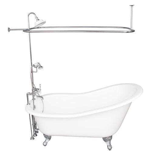 BARCLAY TKCTSH60-CP3 GRIFFIN 61 1/4 INCH CAST IRON FREESTANDING CLAWFOOT SOAKER BATHTUB IN WHITE WITH PORCELAIN LEVER TUB FILLER AND RECTANGULAR SHOWER ROD IN CHROME