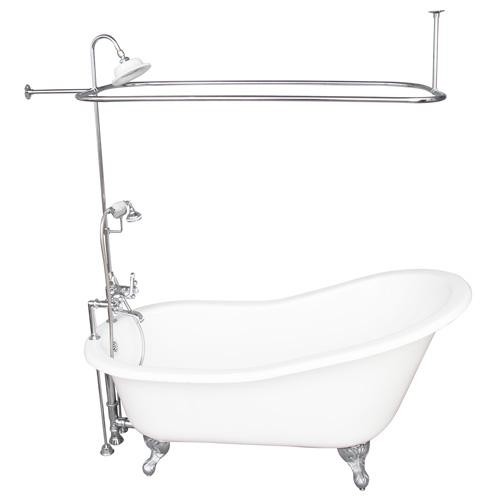 BARCLAY TKCTSH60-CP4 GRIFFIN 61 1/4 INCH CAST IRON FREESTANDING CLAWFOOT SOAKER BATHTUB IN WHITE WITH METAL CROSS TUB FILLER AND RECTANGULAR SHOWER ROD IN CHROME
