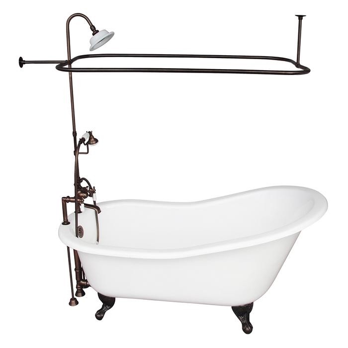 BARCLAY TKCTSH60-ORB3 GRIFFIN 61 1/4 INCH CAST IRON FREESTANDING CLAWFOOT SOAKER BATHTUB IN WHITE WITH PORCELAIN LEVER TUB FILLER AND RECTANGULAR SHOWER ROD IN OIL RUBBED BRONZE