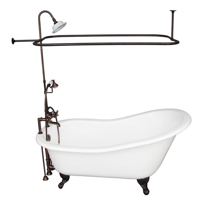 BARCLAY TKCTSH60-ORB4 GRIFFIN 61 1/4 INCH CAST IRON FREESTANDING CLAWFOOT SOAKER BATHTUB IN WHITE WITH METAL CROSS TUB FILLER AND RECTANGULAR SHOWER ROD IN OIL RUBBED BRONZE