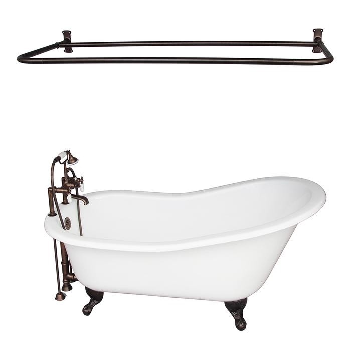 BARCLAY TKCTSH60-ORB5 GRIFFIN 61 1/4 INCH CAST IRON FREESTANDING CLAWFOOT SOAKER BATHTUB IN WHITE WITH DECK MOUNT PORCELAIN LEVER TUB FILLER AND D-SHOWER ROD IN OIL RUBBED BRONZE