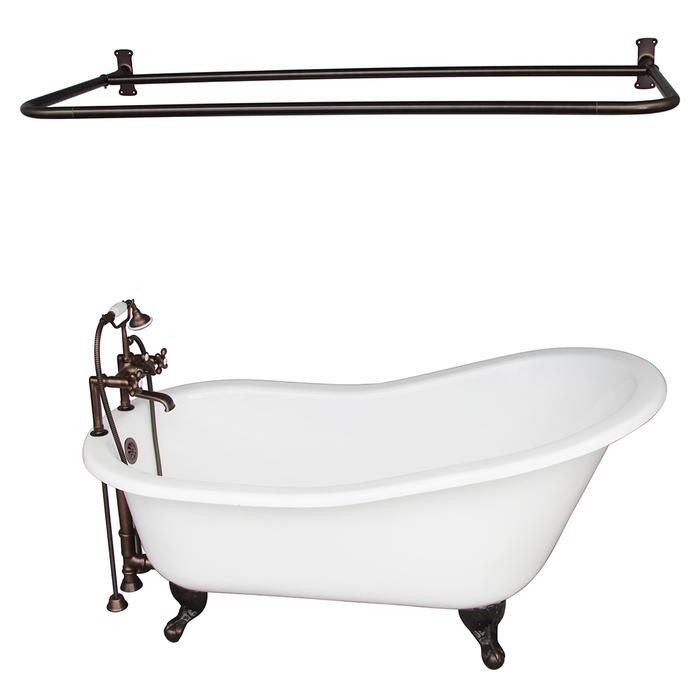 BARCLAY TKCTSH60-ORB6 GRIFFIN 61 1/4 INCH CAST IRON FREESTANDING CLAWFOOT SOAKER BATHTUB IN WHITE WITH DECK MOUNT METAL CROSS TUB FILLER AND D-SHOWER ROD IN OIL RUBBED BRONZE
