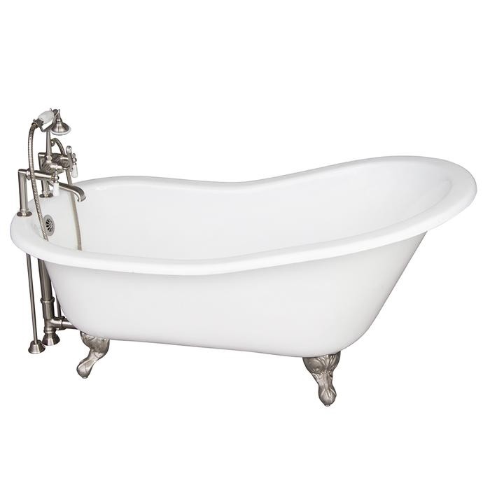 BARCLAY TKCTSH60-SN1 GRIFFIN 61 1/4 INCH CAST IRON FREESTANDING CLAWFOOT SOAKER BATHTUB IN WHITE WITH DECK MOUNT PORCELAIN LEVER TUB FILLER AND HAND SHOWER IN BRUSHED NICKEL