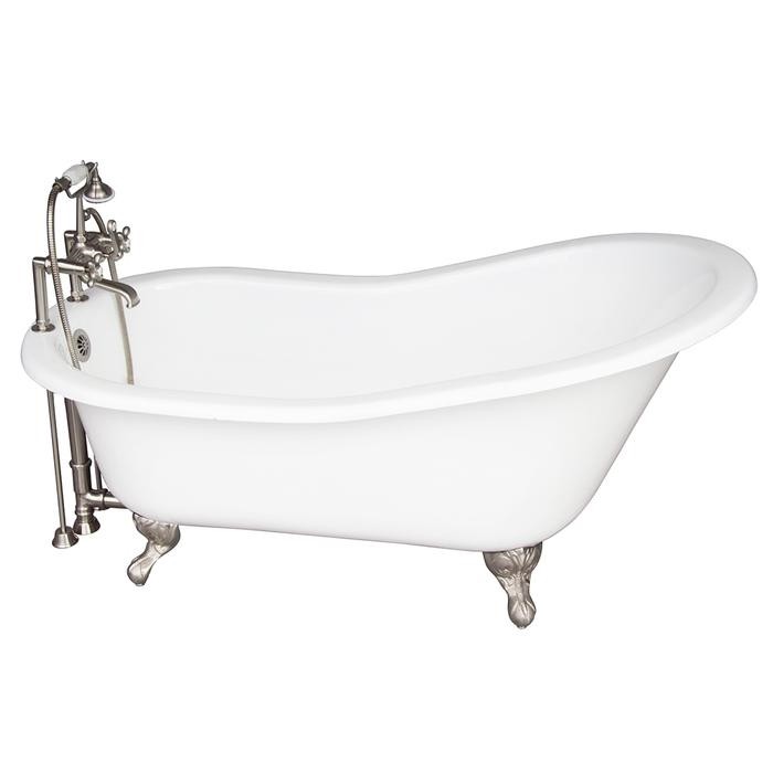 BARCLAY TKCTSH60-SN2 GRIFFIN 61 1/4 INCH CAST IRON FREESTANDING CLAWFOOT SOAKER BATHTUB IN WHITE WITH DECK MOUNT METAL CROSS TUB FILLER AND HAND SHOWER IN BRUSHED NICKEL
