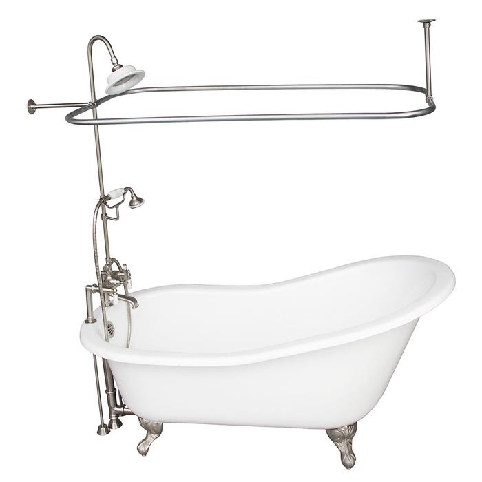 BARCLAY TKCTSH60-SN3 GRIFFIN 61 1/4 INCH CAST IRON FREESTANDING CLAWFOOT SOAKER BATHTUB IN WHITE WITH PORCELAIN LEVER TUB FILLER AND RECTANGULAR SHOWER ROD IN BRUSHED NICKEL