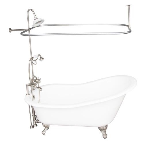 BARCLAY TKCTSH60-SN4 GRIFFIN 61 1/4 INCH CAST IRON FREESTANDING CLAWFOOT SOAKER BATHTUB IN WHITE WITH METAL CROSS TUB FILLER AND RECTANGULAR SHOWER ROD IN BRUSHED NICKEL