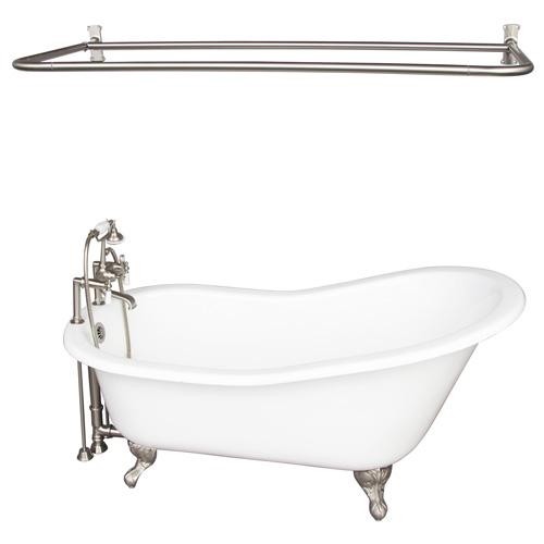 BARCLAY TKCTSH60-SN5 GRIFFIN 61 1/4 INCH CAST IRON FREESTANDING CLAWFOOT SOAKER BATHTUB IN WHITE WITH DECK MOUNT PORCELAIN LEVER TUB FILLER AND D-SHOWER ROD IN BRUSHED NICKEL