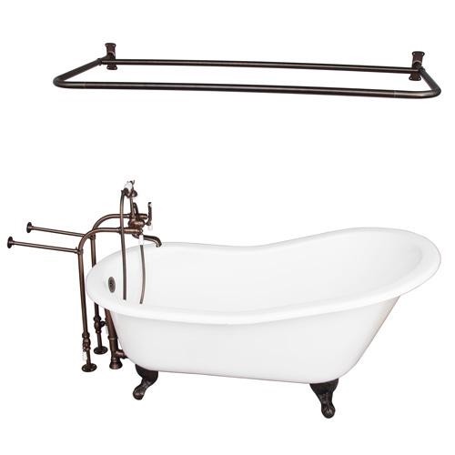 BARCLAY TKCTSN60-ORB5 GRIFFIN 61 1/4 INCH CAST IRON FREESTANDING CLAWFOOT SOAKER BATHTUB IN WHITE WITH PORCELAIN LEVER TUB FILLER AND D-SHOWER ROD IN OIL RUBBED BRONZE