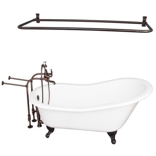 BARCLAY TKCTSN60-ORB6 GRIFFIN 61 1/4 INCH CAST IRON FREESTANDING CLAWFOOT SOAKER BATHTUB IN WHITE WITH METAL CROSS TUB FILLER AND D-SHOWER ROD IN OIL RUBBED BRONZE