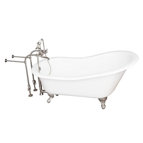 BARCLAY TKCTSN60-SN2 GRIFFIN 61 1/4 INCH CAST IRON FREESTANDING CLAWFOOT SOAKER BATHTUB IN WHITE WITH METAL CROSS TUB FILLER AND HAND SHOWER IN BRUSHED NICKEL