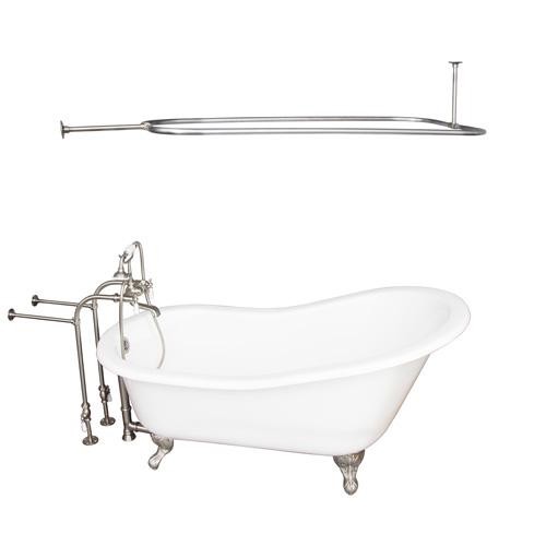 BARCLAY TKCTSN60-SN3 GRIFFIN 61 1/4 INCH CAST IRON FREESTANDING CLAWFOOT SOAKER BATHTUB IN WHITE WITH PORCELAIN LEVER TUB FILLER AND RECTANGULAR SHOWER ROD IN BRUSHED NICKEL