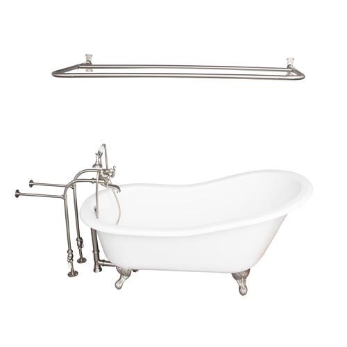 BARCLAY TKCTSN60-SN6 GRIFFIN 61 1/4 INCH CAST IRON FREESTANDING CLAWFOOT SOAKER BATHTUB IN WHITE WITH METAL CROSS TUB FILLER AND D-SHOWER ROD IN BRUSHED NICKEL