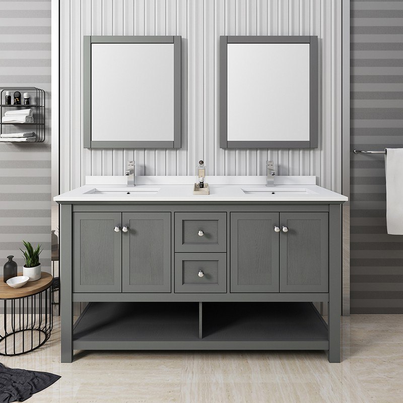 FRESCA FVN2360VG-D MANCHESTER REGAL 60 INCH GRAY WOOD VENEER TRADITIONAL DOUBLE SINK BATHROOM VANITY WITH MIRRORS