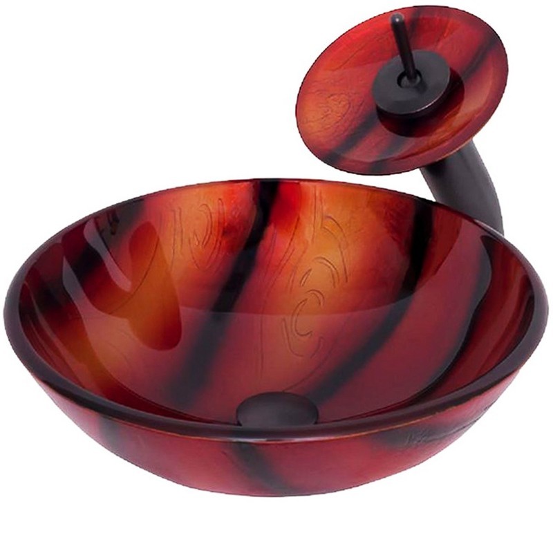 NOVATTO NSFC-013001ORB AUTUNNO 16 1/2 INCH RED PAINTED GLASS VESSEL SINK SET WITH OIL RUBBED BRONZE FAUCET