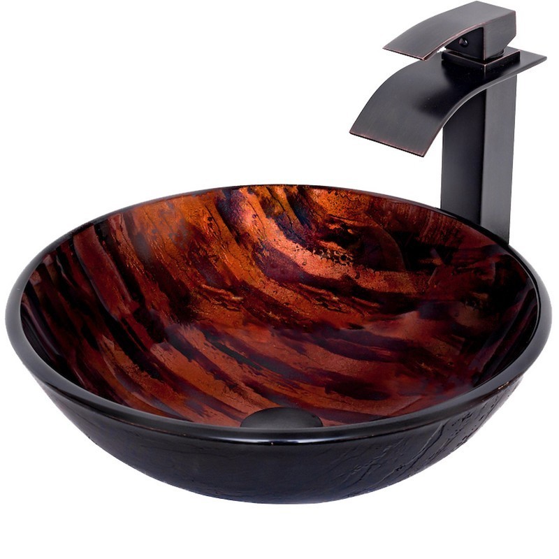 NOVATTO NSFC-025136ORB MIMETICA 16 1/2 INCH BROWN AND COPPER PAINTED GLASS VESSEL SINK SET WITH OIL RUBBED BRONZE FAUCET