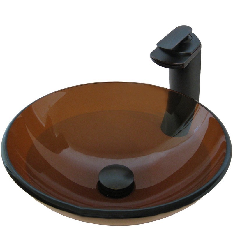 NOVATTO NSFC-168T057ORB 16 1/2 INCH CLEAR BROWN GLASS VESSEL SINK SET WITH OIL RUBBED BRONZE FAUCET