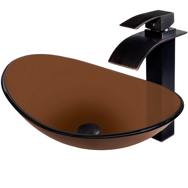 NOVATTO NSFC-324T136ORB BABBUCCIA 21 1/2 INCH OVAL CLEAR BROWN GLASS VESSEL SINK SET WITH OIL RUBBED BRONZE FAUCET