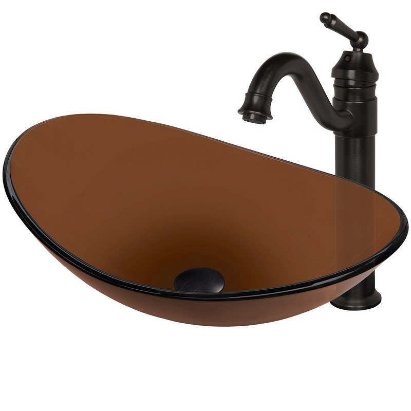 NOVATTO NSFC-324T359ORB BABBUCCIA 21 1/2 INCH OVAL CLEAR BROWN GLASS VESSEL SINK SET WITH OIL RUBBED BRONZE FAUCET