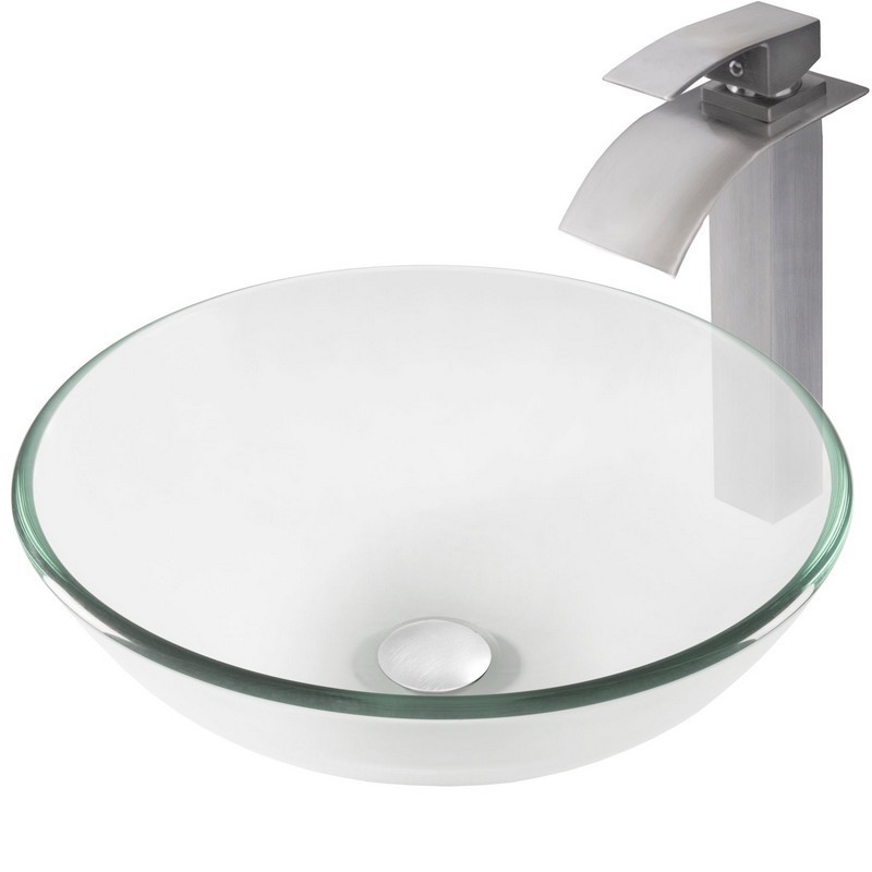 NOVATTO NSFC-8048136BN BONIFICARE 16 INCH CLEAR GLASS VESSEL SINK SET WITH BRUSHED NICKEL FAUCET
