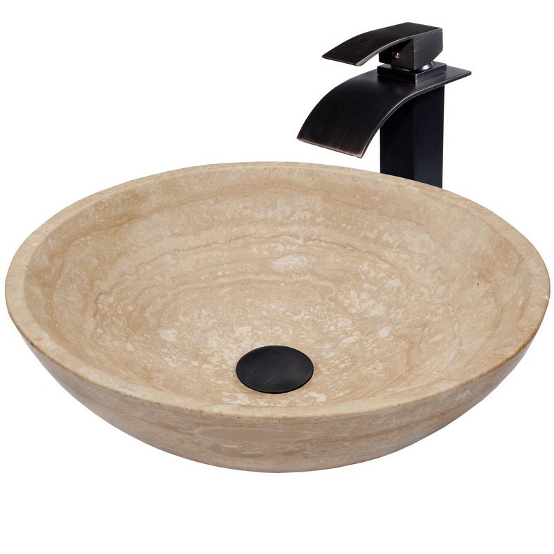 NOVATTO NSFC-BT136ORB 17 INCH BEIGE TRAVERTINE STONE VESSEL WITH MODERN OIL RUBBED BRONZE FAUCET AND UMBRELLA DRAIN