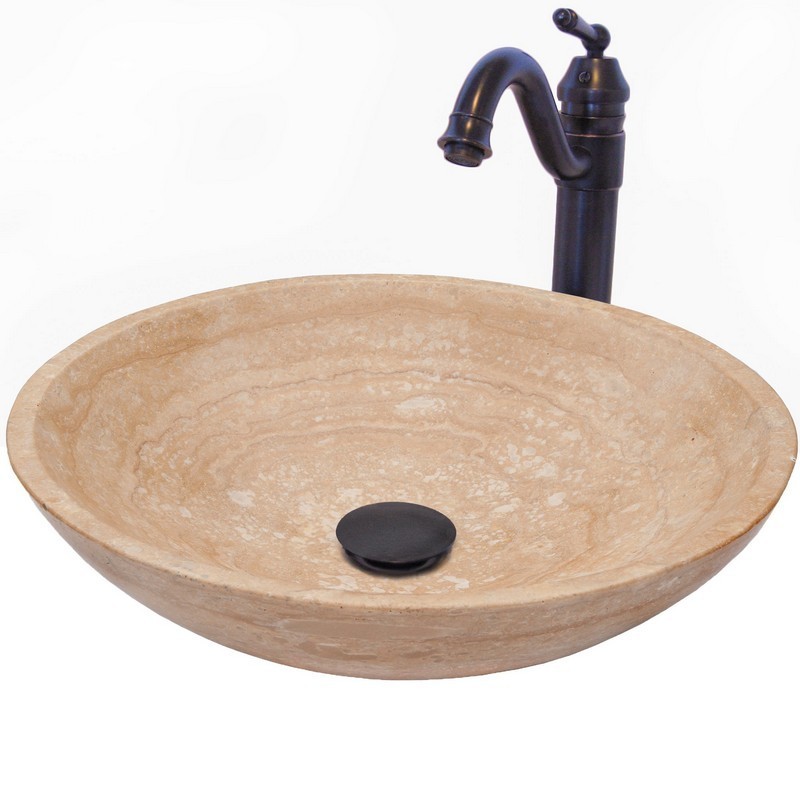 NOVATTO NSFC-BT359ORB 17 INCH BEIGE TRAVERTINE STONE VESSEL WITH TRADITIONAL OIL RUBBED BRONZE FAUCET AND UMBRELLA DRAIN