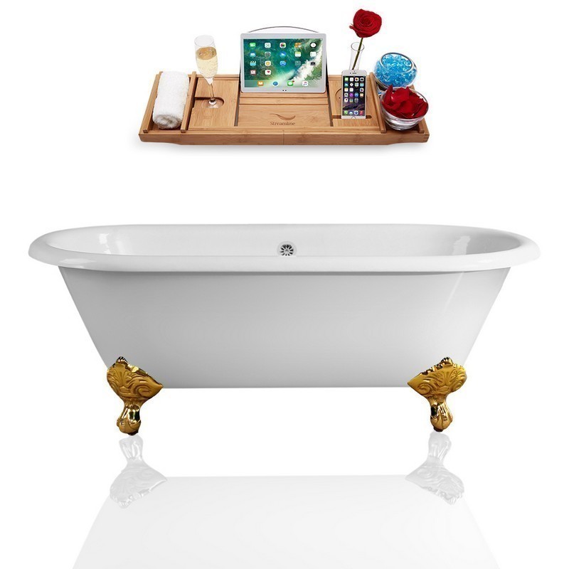 STREAMLINE R5500GLD-CH 60 INCH CAST IRON SOAKING CLAWFOOT TUB AND TRAY WITH EXTERNAL DRAIN