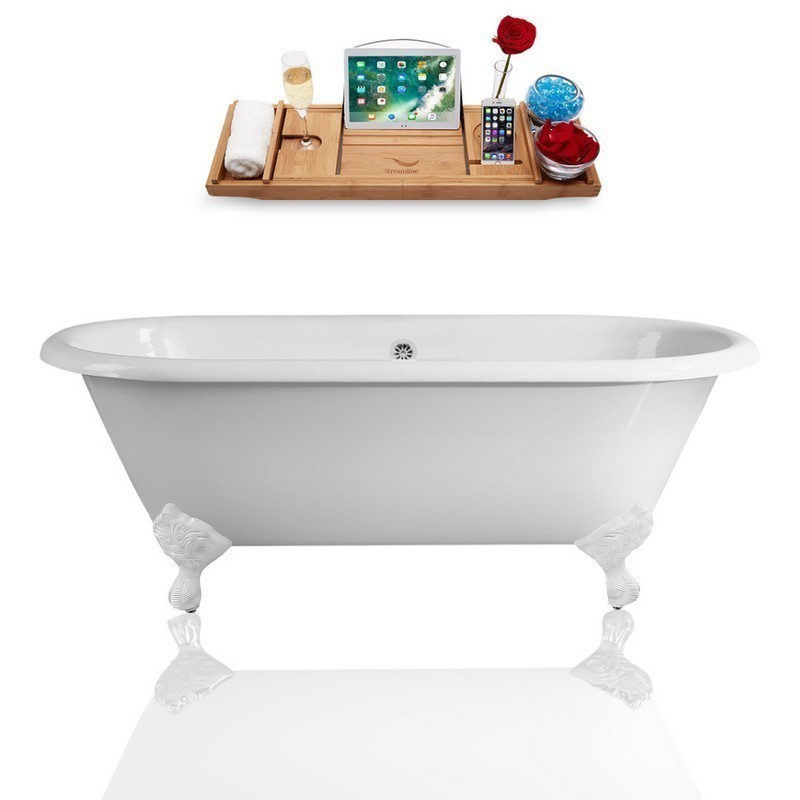 STREAMLINE R5500WH-CH 60 INCH CAST IRON SOAKING CLAWFOOT TUB AND TRAY WITH EXTERNAL DRAIN