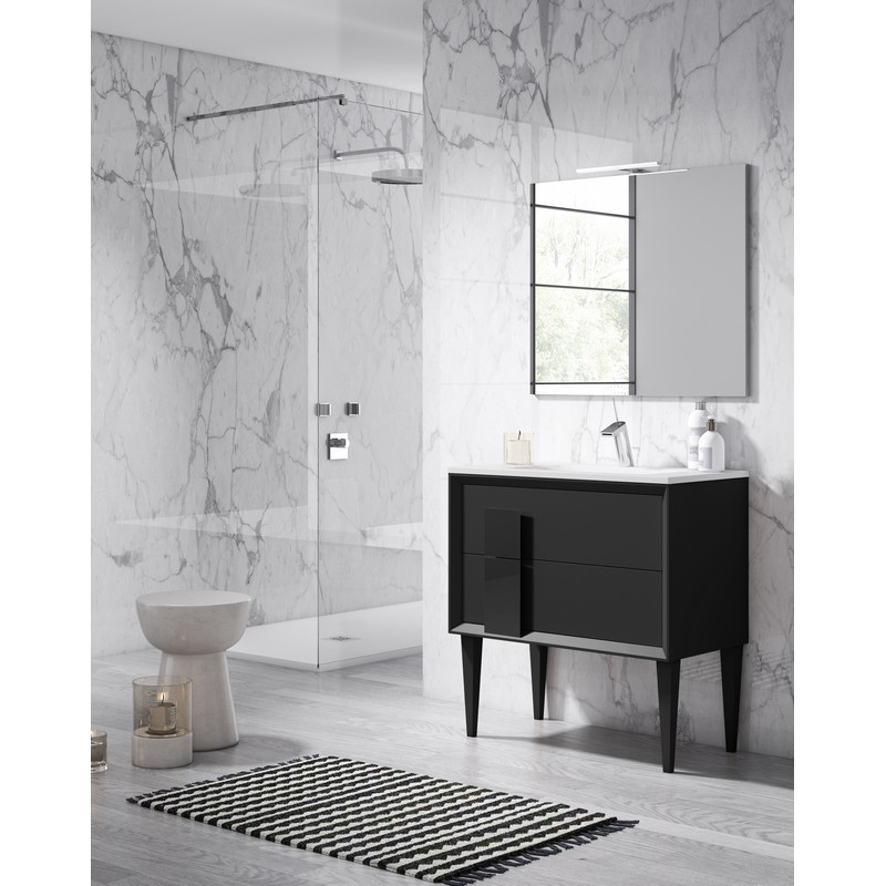 LUCENA BATH 42991 DCOR CRISTAL 24 INCH FREESTANDING 2 DRAWER VANITY WITH CERAMIC SINK IN BLACK WITH BLACK GLASS HANDLE