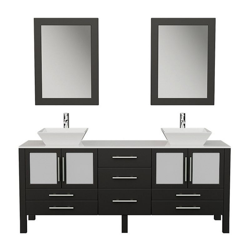 CAMBRIDGE PLUMBING 8119XLF 71 INCH SOLID WOOD BATHROOM VANITY IS COMPETE WITH A WHITE PORCELAIN COUNTER TOP AND TWO MATCHING WHITE VESSEL SINKS, TWO MIRRORS, AND FAUCETS AND DRAINS