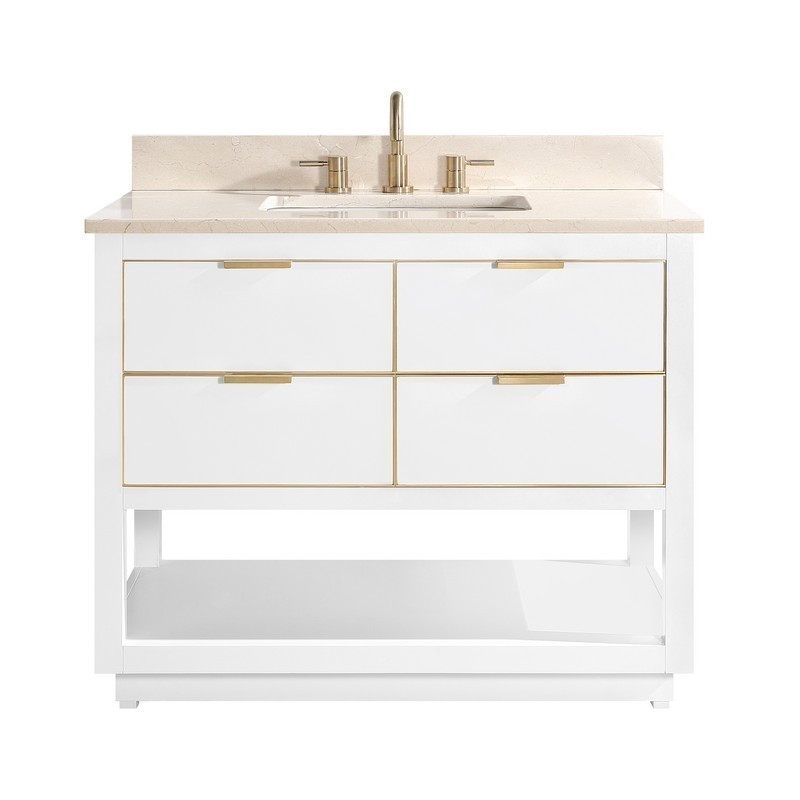 AVANITY ALLIE-VS43-WTG-D ALLIE 43 INCH VANITY COMBO IN WHITE WITH GOLD TRIM AND CREMA MARFIL MARBLE TOP