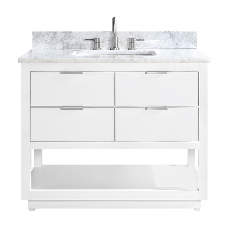 AVANITY ALLIE-VS43-WTS-C ALLIE 43 INCH VANITY COMBO IN WHITE WITH SILVER TRIM AND CARRARA WHITE MARBLE TOP