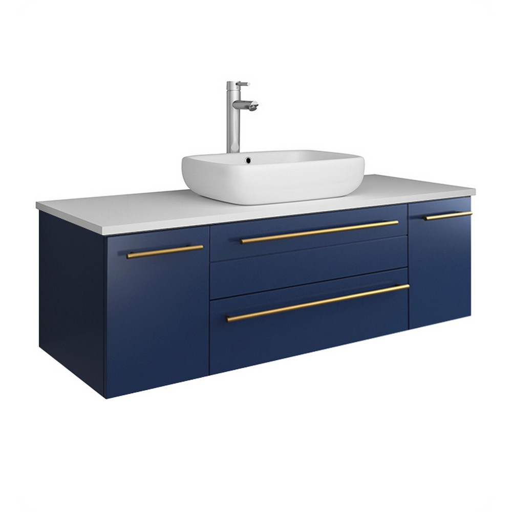 FRESCA FCB6148RBL-VSL-CWH-V LUCERA 48 INCH WALL MOUNTED BATHROOM VANITY WITH TOP AND VESSEL SINK IN ROYAL BLUE