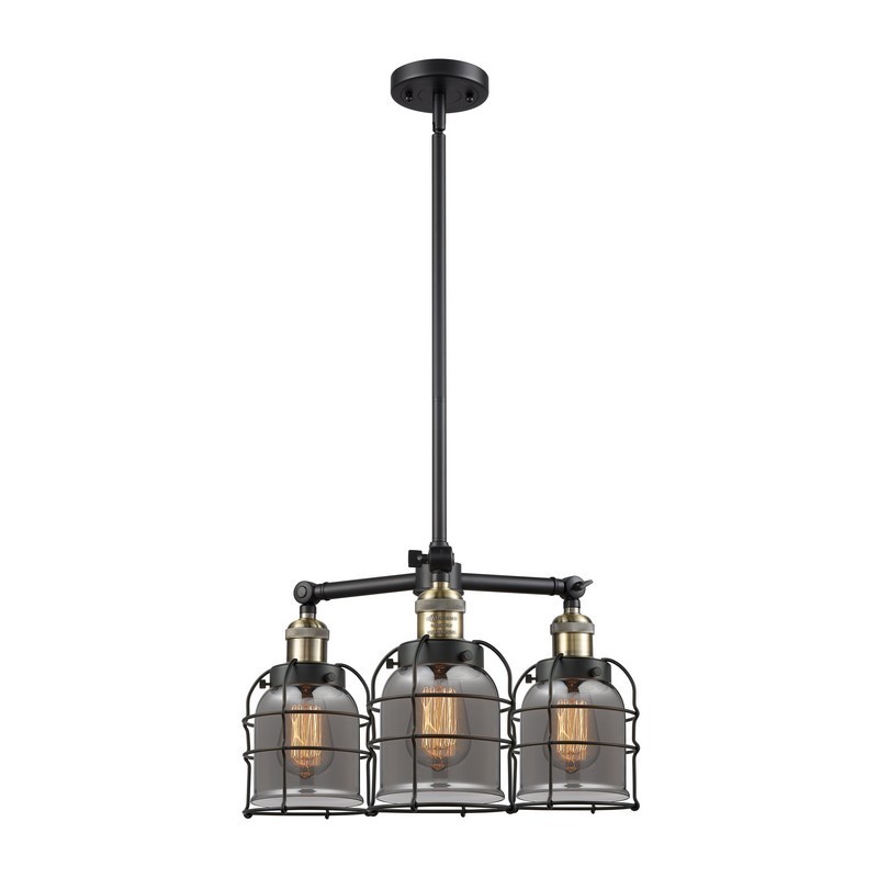 INNOVATIONS LIGHTING 207-G53-CE FRANKLIN RESTORATION SMALL BELL CAGE 3 LIGHT 19 INCH CEILING MOUNT PLATED SMOKE GLASS CHANDELIER