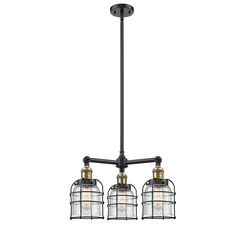 INNOVATIONS LIGHTING 207-G54-CE FRANKLIN RESTORATION SMALL BELL CAGE 3 LIGHT 19 INCH CEILING MOUNT SEEDY GLASS CHANDELIER