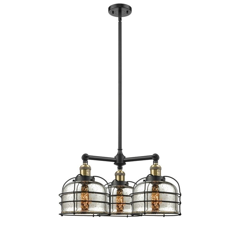 INNOVATIONS LIGHTING 207-G78-CE FRANKLIN RESTORATION LARGE BELL CAGE 3 LIGHT 24 INCH CEILING MOUNT SILVER PLATED MERCURY GLASS CHANDELIER