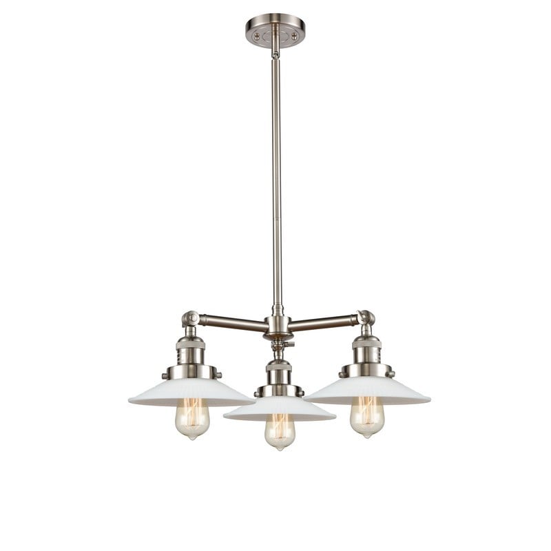 INNOVATIONS LIGHTING 207-G1 FRANKLIN RESTORATION HALOPHANE 21 5/8 INCH THREE LIGHT CEILING MOUNT SINGLE TIER WHITE GLASS CHANDELIER