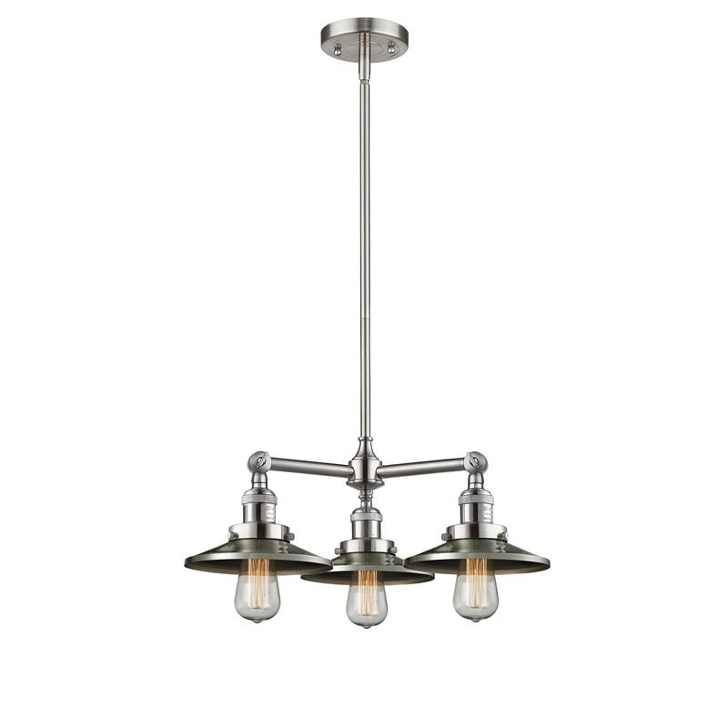 INNOVATIONS LIGHTING 207-SN-M2 FRANKLIN RESTORATION RAILROAD 19 INCH THREE LIGHT METAL SHADE SINGLE TIER CHANDELIER - BRUSHED SATIN NICKEL