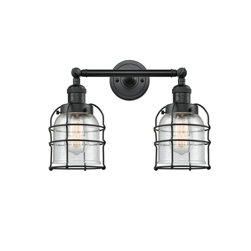 INNOVATIONS LIGHTING 208-BK-G54-CE FRANKLIN RESTORATION SMALL BELL CAGE 16 INCH TWO LIGHT WALL MOUNT SEEDY GLASS VANITY LIGHT