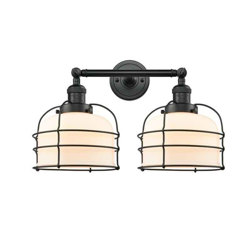 INNOVATIONS LIGHTING 208-BK-G71-CE FRANKLIN RESTORATION LARGE BELL CAGE 19 INCH TWO LIGHT WALL MOUNT CASED GLASS VANITY LIGHT