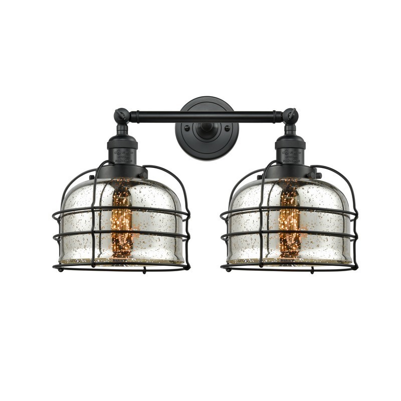 INNOVATIONS LIGHTING 208-BK-G78-CE FRANKLIN RESTORATION LARGE BELL CAGE 19 INCH TWO LIGHT WALL MOUNT SILVER MERCURY GLASS VANITY LIGHT