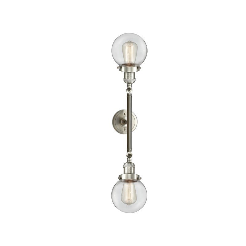 INNOVATIONS LIGHTING 208L-G202-6 FRANKLIN RESTORATION BEACON 6 INCH TWO LIGHT WALL MOUNT CLEAR GLASS VANITY LIGHT